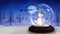 Digital animation of snowman in snow globe against snow falling over silhouette of santa claus
