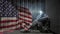 Digital animation of upset army soldier sitting opposite to American flag