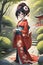 A digital anime art of a beautiful anime girl, wearing maiko clothes and makeup, in a Japanese garden, wallpaper, fantasy art