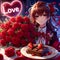 A digital anime art of cute anime girl, with a bouquet of red rose flower and a plate of chocolate, in romantic scene, love art