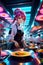 A digital anime art of a futuristic restaurant bathed in neon, with anime chef girl creating dishes in the kitchen