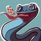Digital art of an adorable snake eating a cookie. Happy lizard with a big grin enjoying a biscuit.