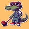 Digital art of a crocodile with sunglasses working as a janitor.