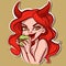 Digital art of a demon woman with red hair and horns holding an apple. Vector of a succubus cartoon character