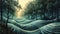 Digital art depicting a tranquil forest scene with stylized wave patterns on the terrain, bathed in a serene,