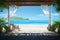 Digital art Gazebo on tropical shore, 3D beachscape with azure sea