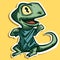 Digital art of a green small lizard putting on a shirt. Vector of a happy dino wearing clothes