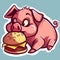 Digital art of a hungry piglet eating a burger. Vector of a pink pig devouring a big cheeseburger