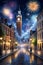 Digital art of majestic clocktower, fireworks bloom against tnhe velvety night sky, empty street, joyous chimes of midnight