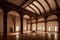 Digital art of a medieval room with wooden columns and light shining through the windows