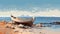 Digital Art Painting: Boat On Beach With Rusty Debris - Plein Air Landscape