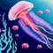 Digital art of pink jellyfish and turquoise corals in underwater created by AI.
