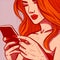 Digital art of a redhead woman browsing and scrolling on her phone. Influencer typing on her smartphone