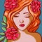 Digital art of a redhead woman with roses on her hair. Beautiful female head with floral decorations and leaves