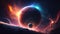 A digital art rendering of a space scene with a massive planet and colorful nebulae in the background. Generative AI