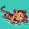Digital art of a small tiger learning to swim in a pool. Wild animal swimming in a river, vector illustration