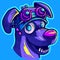 Digital art of a steampunk neon dog wearing leather glasses. Scifi tech and cyborg robotic animal head.