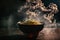 Digital art of steamy noodles in a bowl with smoke background