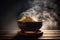 Digital art of steamy noodles in a bowl with smoke background