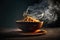 Digital art of steamy noodles in a bowl with smoke background