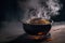 Digital art of steamy noodles in a bowl with smoke background