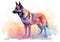 Digital art, in the style of a watercolor painting showing the portrait of a German Shepherd dog or Alsatian .