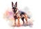 Digital art, in the style of a watercolor painting showing the portrait of a German Shepherd dog or Alsatian .