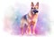 Digital art, in the style of a watercolor painting showing the portrait of a German Shepherd dog or Alsatian .