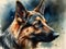 Digital art, in the style of a watercolor painting showing the portrait of a German Shepherd dog or Alsatian .