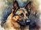 Digital art, in the style of a watercolor painting showing the portrait of a German Shepherd dog or Alsatian .