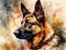Digital art, in the style of a watercolor painting showing the portrait of a German Shepherd dog or Alsatian.