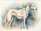 Digital art in the style of a watercolor portrait of a russian borzoi dog.