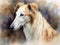 Digital art in the style of a watercolor portrait of a russian borzoi dog.