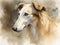 Digital art in the style of a watercolor portrait of a russian borzoi dog.