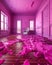 Digital art of surreal ambience with floorboards luscious with liquid in magenta and opal.