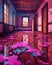 Digital art of surreal ambience with floorboards luscious with liquid in magenta and opal.