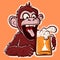 Digital art of a thirsty monkey drinking a pint of beer. Funny cartoon ape