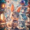 Digital artwork of a charming animated squirrel with big expressive eyes, sitting amidst a fantastical backdrop filled with