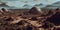 A digital artwork of a transformed Mars settlement in the future, showcasing domed habitats, terraforming machinery, and