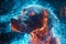 Digital Artwork of Vibrant Neon Glowing Dog Surrounded by Ethereal Blue Smoke on Dark Background