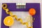 Digital bathroom scale with tape measure, tablets, fruits, slimming concept