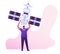 Digital Cable Communication Network Concept. Man Holding Satellite in Hands above Head. Wireless Mobile Connection