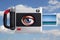 Digital camera with blue eye on sky background. 3d illustration.