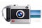 Digital camera with blue eye on sky background. 3d illustration.