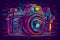 Digital camera illustrated in a vibrant, colorful, cartoon abstraction with neon art elements and a simplistic design -