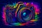 Digital camera illustrated in a vibrant, colorful, cartoon abstraction with neon art elements and a simplistic design -