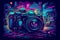 Digital camera illustrated in a vibrant, colorful, cartoon abstraction with neon art elements and a simplistic design -