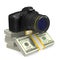 Digital camera on white background and money. Isolated 3D