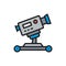 Digital cinema camera on wheels flat color line icon.