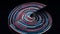 Digital circle with colored lines turns into 3D spiral. Animation. Disk with rotating neon lines turns into 3D spiral on
